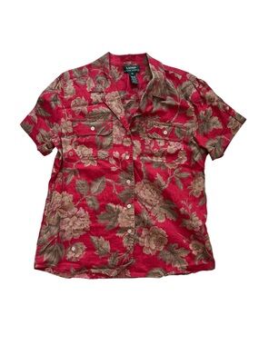 Lauren Ralph Lauren Red and Tan Floral Button-Front Short Sleeve Shirt SZ M